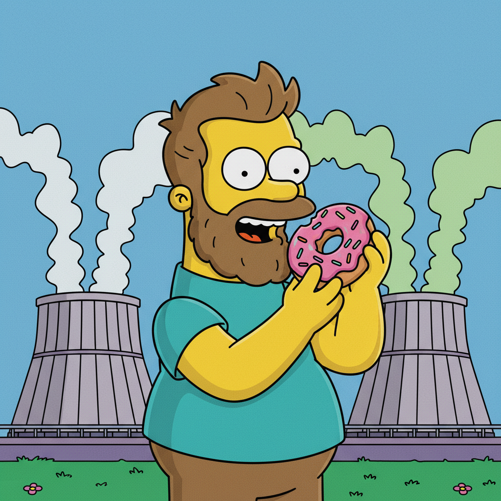 AI Simpsons character generator result showing a bearded man as a yellow cartoon character holding a pink donut