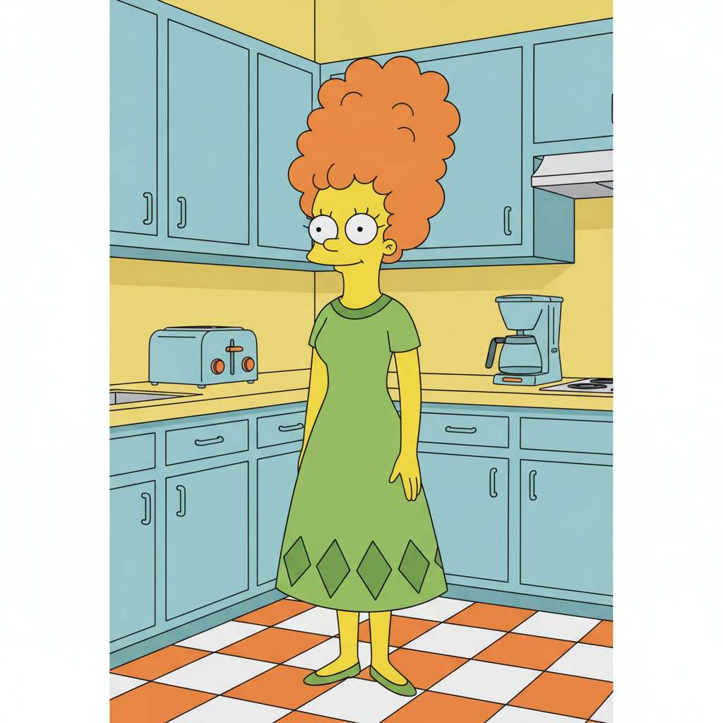 AI Simpsons character generator result showing a stylish woman as a yellow cartoon character with tall hair in a cartoon kitchen