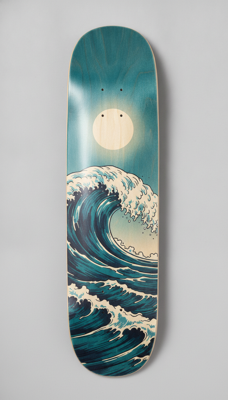 AI skateboard design generator result: a maple deck printed with a full-length breaking wave in deep teal, indigo and cream, with a pale bare-wood moon disc glowing in the upper third of the board