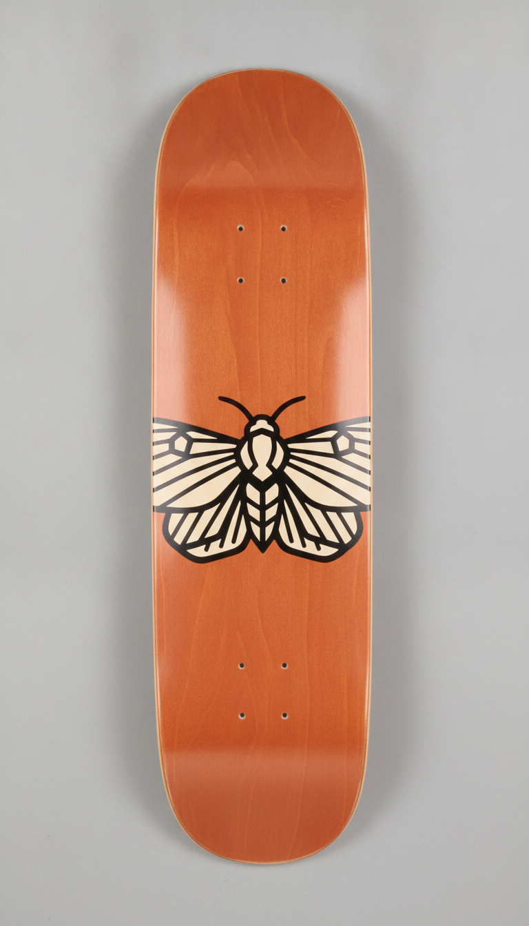Centre graphic skateboard deck designed with AI: a burnt orange stained deck with a cream band across the middle carrying a bold black and cream moth with spread wings, the nose and tail left plain