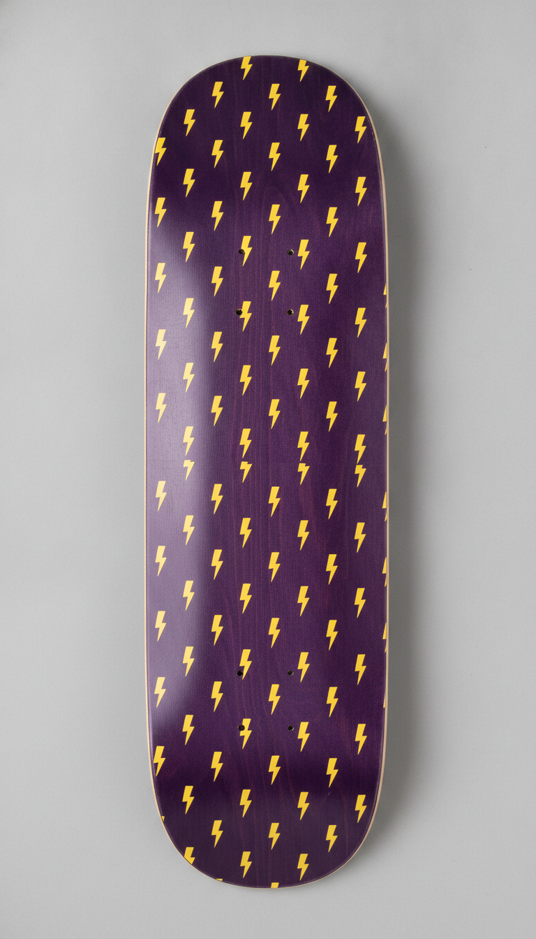 All-over repeat skateboard graphic from the AI skateboard design generator: small yellow lightning bolts tiled in even rows across a deep aubergine purple deck, running off both edges and over the kicks