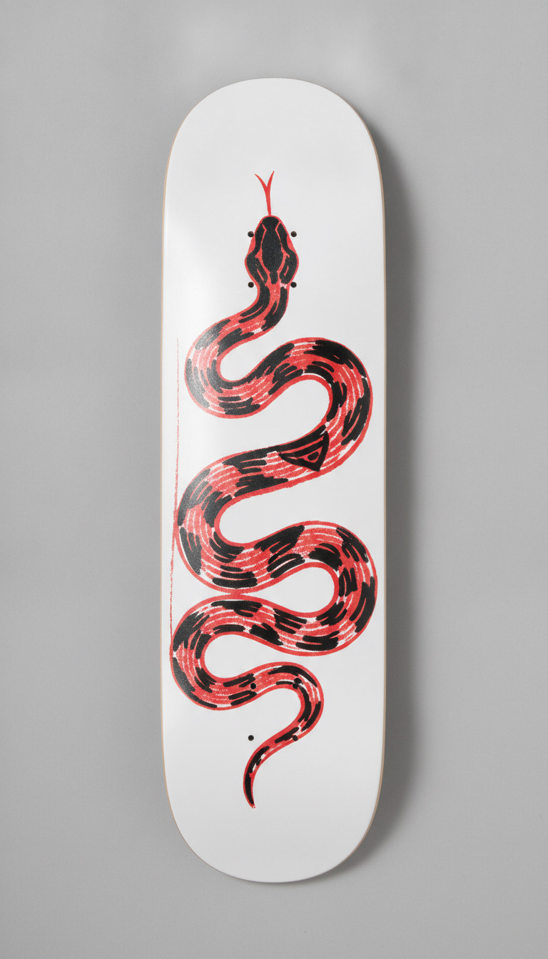 Two-colour screen printed skateboard deck designed with AI: a brush-drawn snake coiling down the length of a white deck in flat black and vermilion red ink, with no gradients