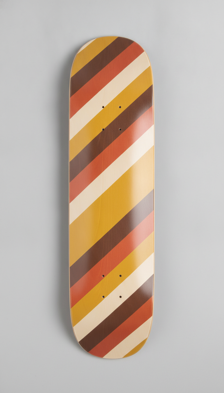 Colour-blocked skateboard deck from the AI skateboard design generator: hard-edged diagonal bands of mustard, cream, rust orange and chocolate brown running across the width of the board
