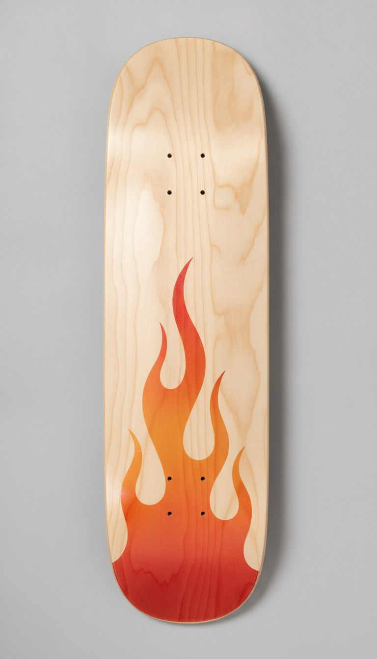 Wood stain skateboard graphic designed with AI: translucent amber, orange and red flames dyed up from the tail of a bare maple deck, with the pale wood grain clearly visible through the colour