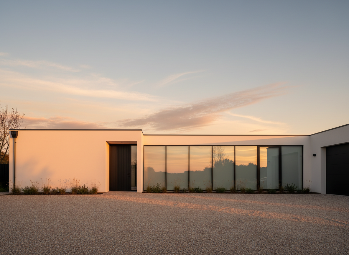 AI sky replacement tool result: a modern white rendered single-storey house with full-height glazing under a golden hour sunset sky, seen across a gravel forecourt. The sky runs from a warm amber and coral band at the horizon up through peach into a calm pale blue overhead, with thin backlit clouds catching the last light. The detail that makes this the strongest frame on the page is the glass: the sunset is reflected in the run of full-height glazing, with the treeline and the warm horizon band visible in the panes, so the new sky exists in the scene rather than only behind it. That single reflection is what a pasted-in sky can never fake. The render on the walls picks up the low warm light and the planting along the base has dropped to a dim evening green rather than staying at midday. The framing came back straight-on rather than the angled view the brief asked for.