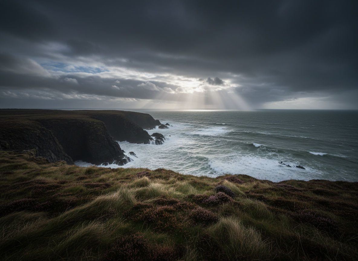AI sky replacement tool result: a coastal headland under a dramatic storm sky, with heavy layered charcoal cumulonimbus, brighter silver breaks and visible crepuscular rays falling on the water. This is the landscape photographer version of the job — the shot you took on a flat white day, given the weather you waited for and did not get. The cloud has real internal structure and depth rather than a single grey wash, and the light in the scene follows it: the clifftop grass and heather are mostly in shadow, the sea takes the grey-green of the cloud instead of a blue that is no longer there, and the wet rock keeps cool desaturated highlights. The honest weakness is in the foreground, where the grass stays a shade warmer and brighter than a sky this heavy would really allow. It is the same failure mode as the twilight frame: the sky changes fully, the ground follows most of the way.