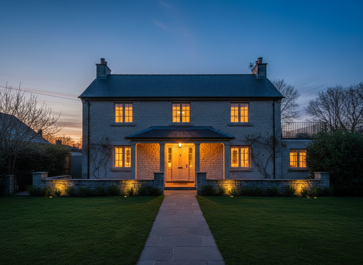 AI sky replacement tool result: a pale stone house at blue hour, with the sky graduating from deep indigo overhead to a soft orange band along the horizon. The window glow is the part that usually gives a fake dusk away and it holds up here: every window is lit a warm amber from inside, stronger downstairs than up, and each glow is contained precisely within its own frame with no orange bleeding onto the stonework. The porch lantern is on, the wall-wash uplighters throw small realistic pools up the stone and into the planting, and the bare tree and the neighbouring roofline at the left read cleanly against the dusk sky. The miss is the lawn: it holds a fairly bright daylight green when a real blue hour would pull it much darker and much cooler. If you are replacing a sky at dusk, that is the first thing to check at full size.