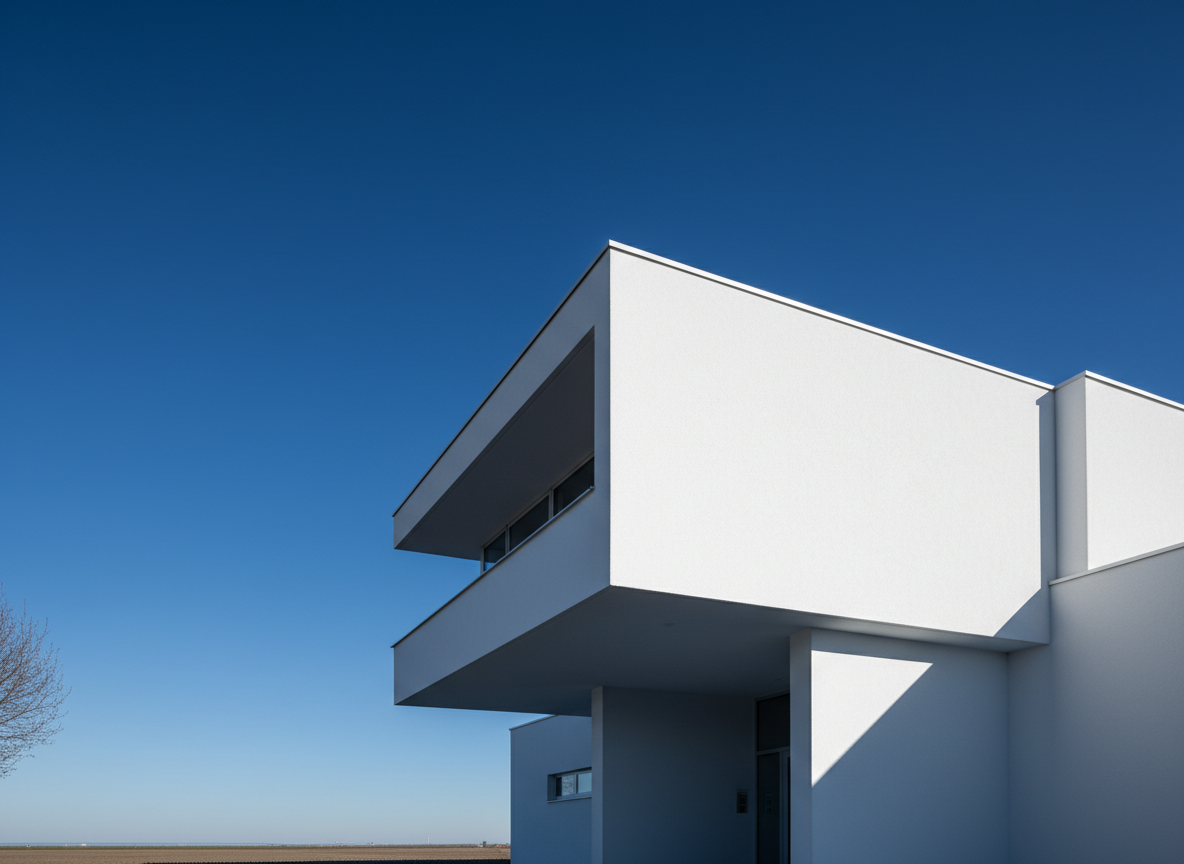 AI sky replacement tool result: a white modernist building against a clear deep blue sky with no cloud at all, graduating from rich blue at the top of the frame to a paler blue at the horizon exactly the way a polarising filter renders a clear day. This is the architectural photography case, where cloud is a distraction and the only job is a clean gradient behind hard geometry. The relight matches it: hard midday sun rakes across the white planes from the right, the cantilever and the entrance recess drop crisp geometric shadows with genuinely straight edges, and the shadowed planes hold a cool blue-tinged white rather than collapsing to grey. Every vertical is truly vertical with no keystoning. The weak corner is the very bottom of the frame, where the ground goes flat and washed out and holds almost no detail.