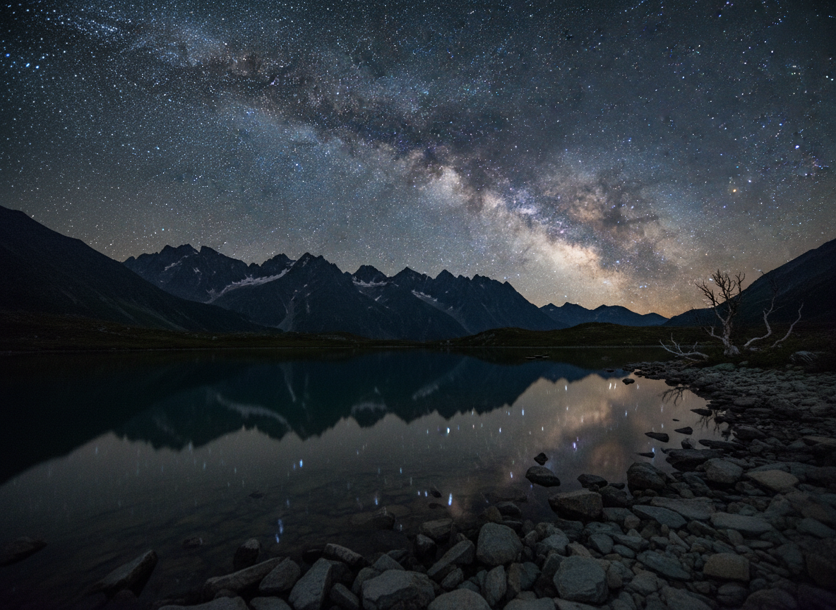 AI sky replacement tool result: an alpine lake under a starry night sky, with the Milky Way arcing across the frame, its dust lanes visible, and a bare dead tree in silhouette at the right. This is the hardest preset on the page because the sky has to be replaced and the whole landscape re-exposed for night at the same time. Mostly it works: the ridgeline is a deep blue-black silhouette with the faintest starlight on the snow, the foreground stones are dim and cool, and there is no artificial light pollution glow along the horizon. The tell is in the water. The lake mirrors the Milky Way band convincingly, but the individual reflected stars come back as large soft discs rather than the fine points they are in the sky above, which reads fine at gallery size and gives itself away at full size. Judge any night sky replacement on the reflection first.