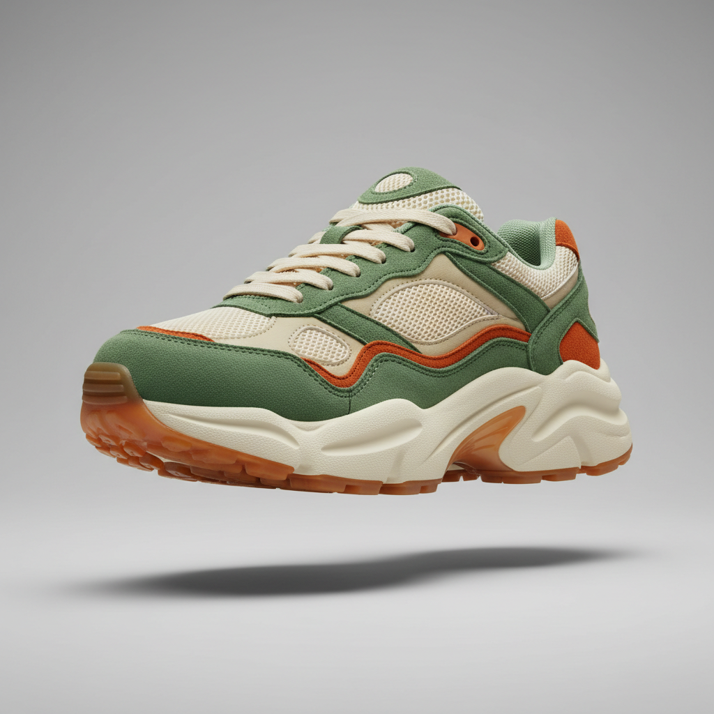 AI sneaker design generator result in a retro runner style: a chunky nineties running shoe with cream, sage green and burnt orange suede and mesh panels, a bulky off-white foam midsole and an amber gum outsole on a soft grey studio backdrop