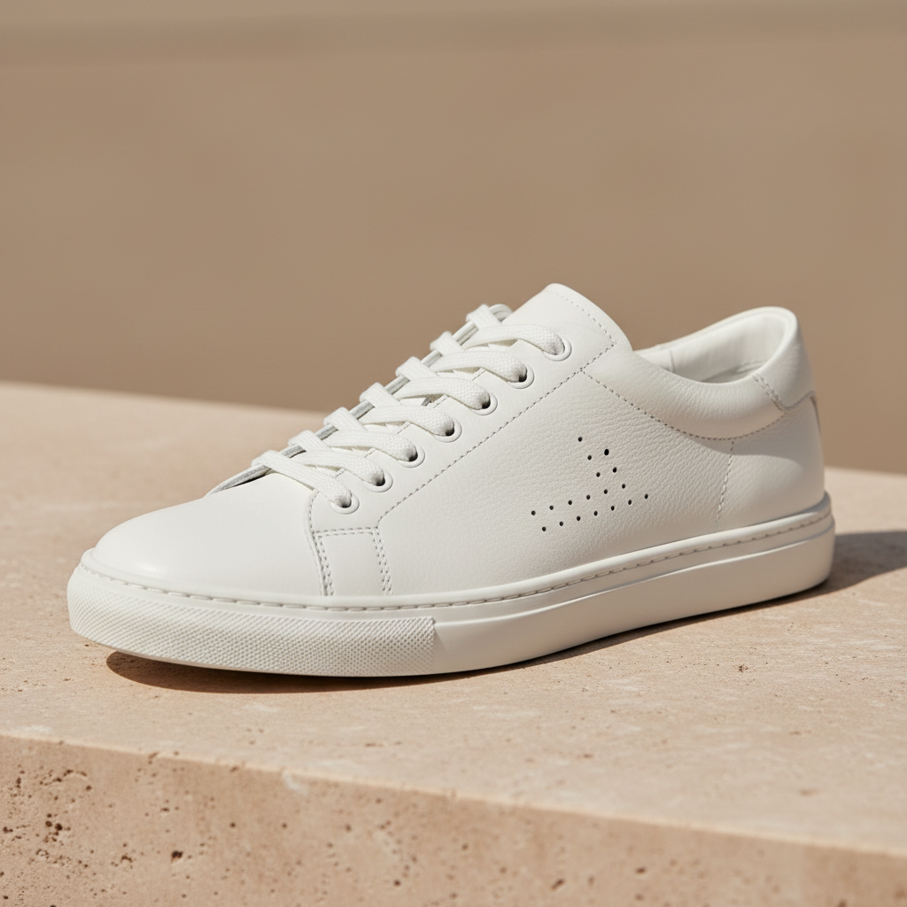 Minimalist luxury low-top generated by AI: a seamless white full-grain leather sneaker with tonal stitching, a slim white cup sole and round laces photographed on pale warm stone in soft daylight