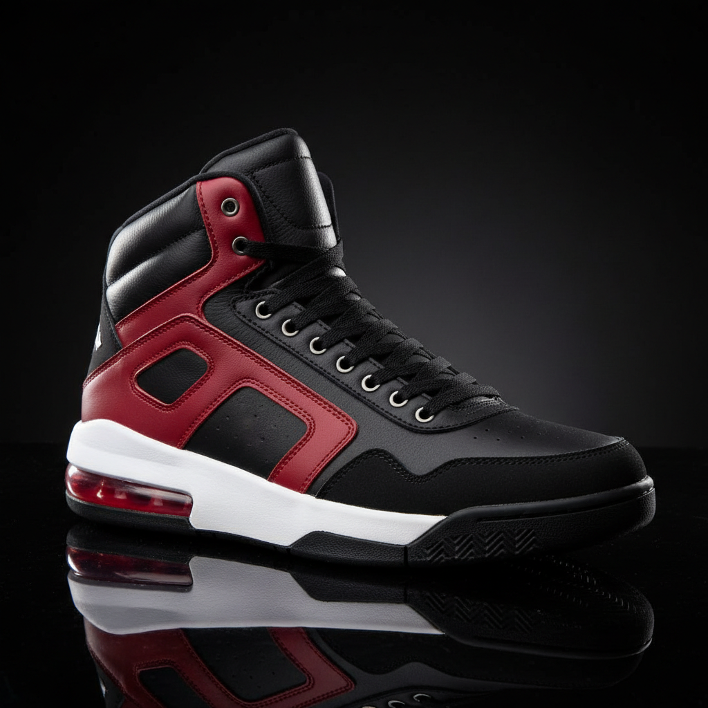 High-top basketball concept from the AI sneaker design generator: a padded black leather and nubuck shoe with deep red overlays, a tall collar, metal eyelets and a red translucent heel unit on glossy dark charcoal