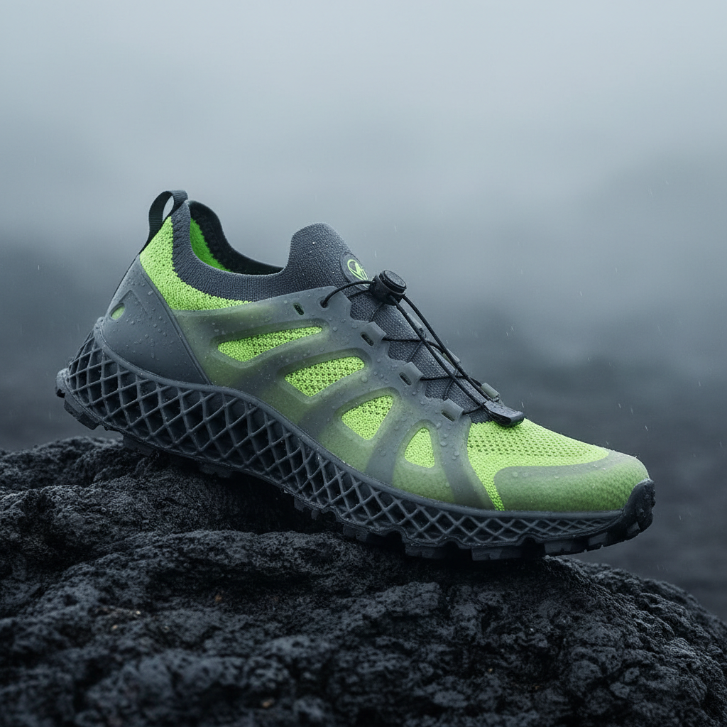 Futuristic technical trail sneaker designed with AI: a slate grey and electric lime knit upper under a translucent cage, a lattice midsole that reads as three-dimensionally printed and an aggressive lugged outsole on dark volcanic rock