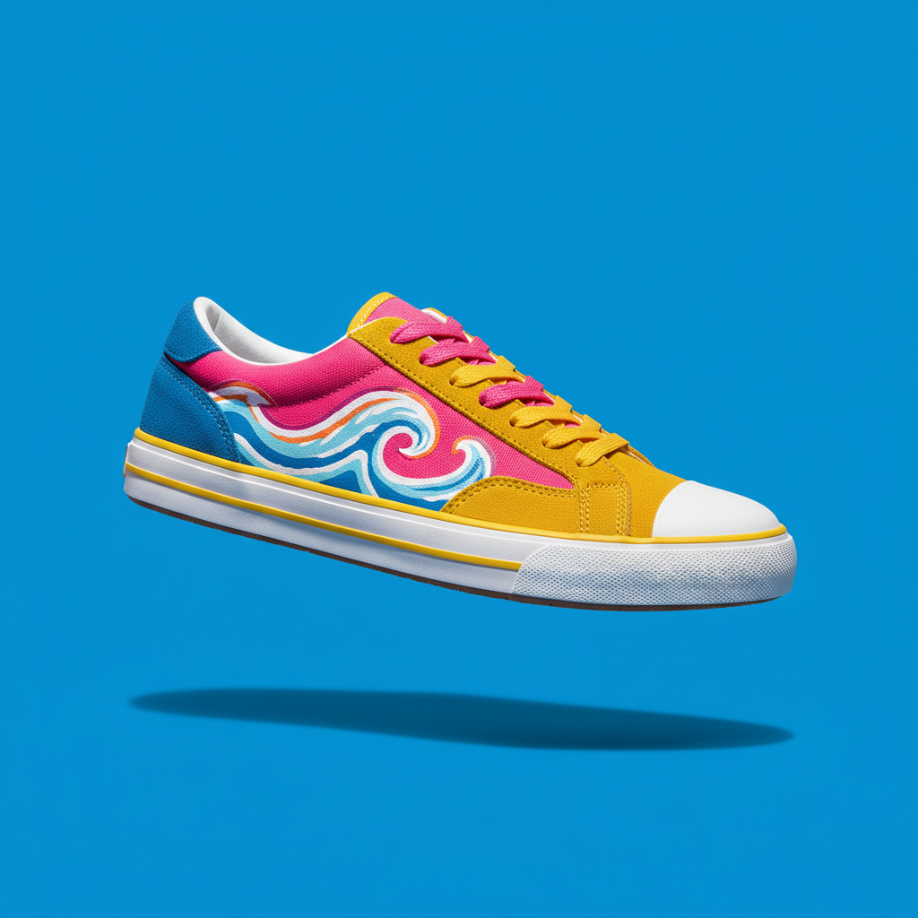 Bold streetwear colorway created by the AI sneaker design generator: a vulcanised canvas and suede skate low-top blocked in hot pink, sunflower yellow and cobalt blue with a hand-painted wave swirl across the side panel, a chunky white midsole with a yellow foxing stripe and a plain white toe cap, floating against a flat cobalt background