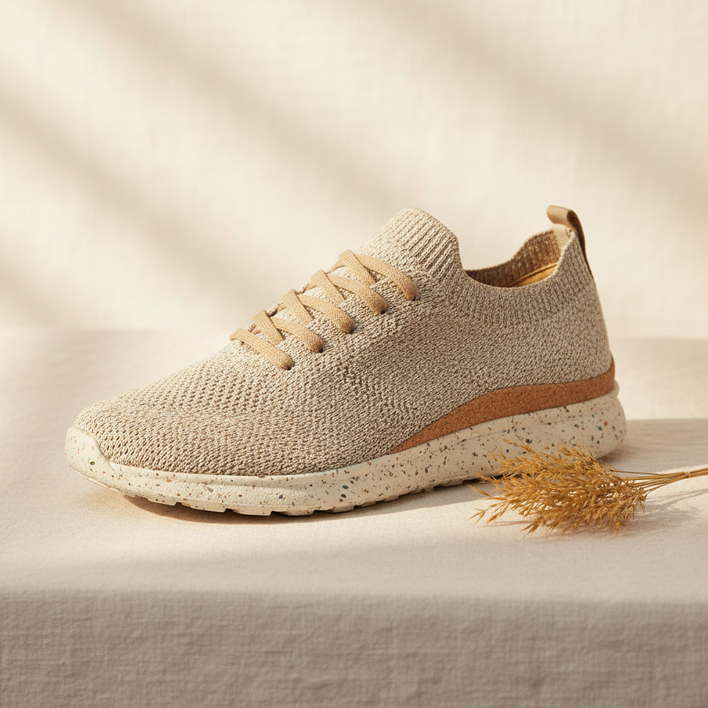 Sustainable knit sneaker generated by AI: a soft heathered oatmeal marled knit upper with a natural cork footbed edge and speckled cream recycled rubber sole, photographed on pale linen in warm morning light
