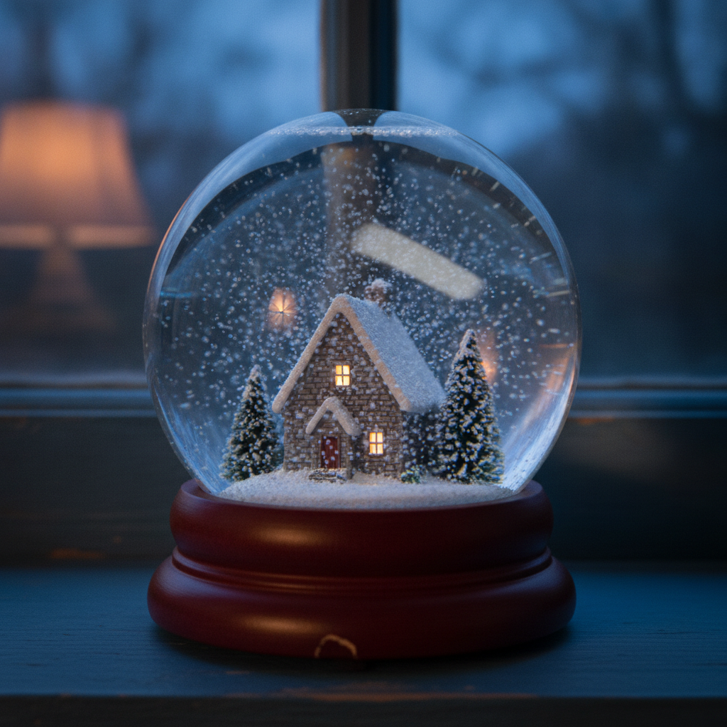 Classic glass snow globe holding a lit snow-covered cottage, standing on a windowsill at dusk with snow mid-swirl