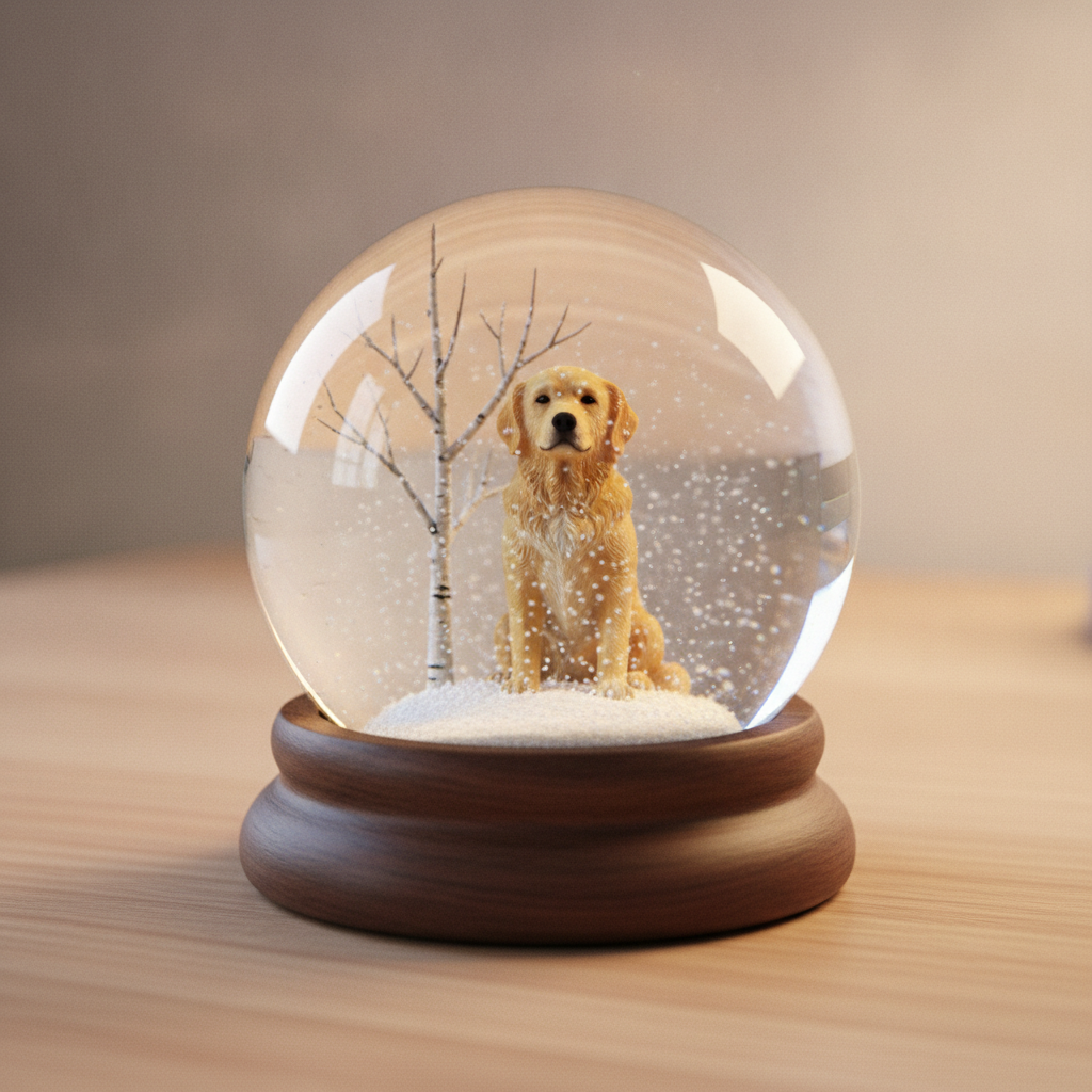 Personalized pet snow globe with a golden retriever sitting in settled snow beside a bare birch sapling