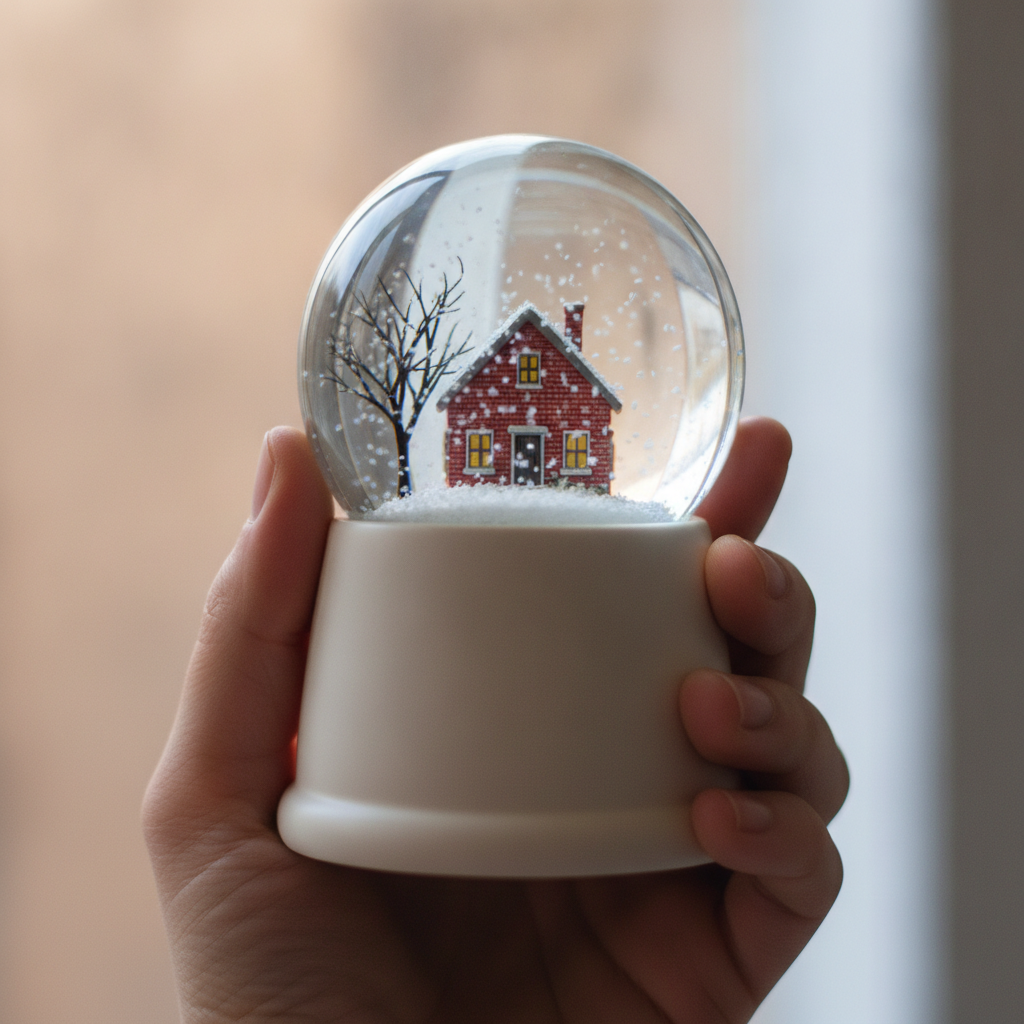 A hand holding a small snow globe containing a red-brick family house with lit windows