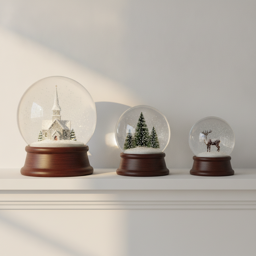 Three snow globes of graded sizes on a white mantel shelf: a church, a stand of fir trees and a reindeer
