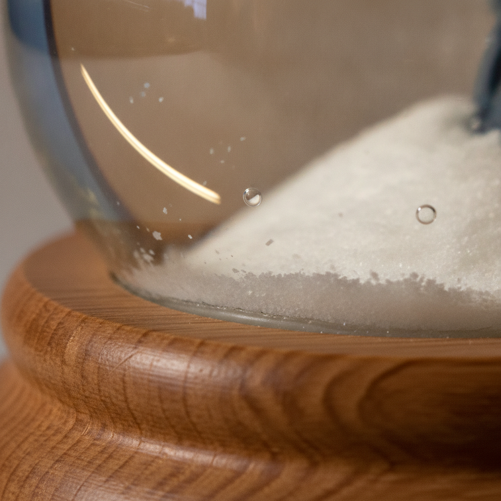 Macro close-up of a snow globe where the curved glass meets the turned wooden base, with settled snow and tiny bubbles