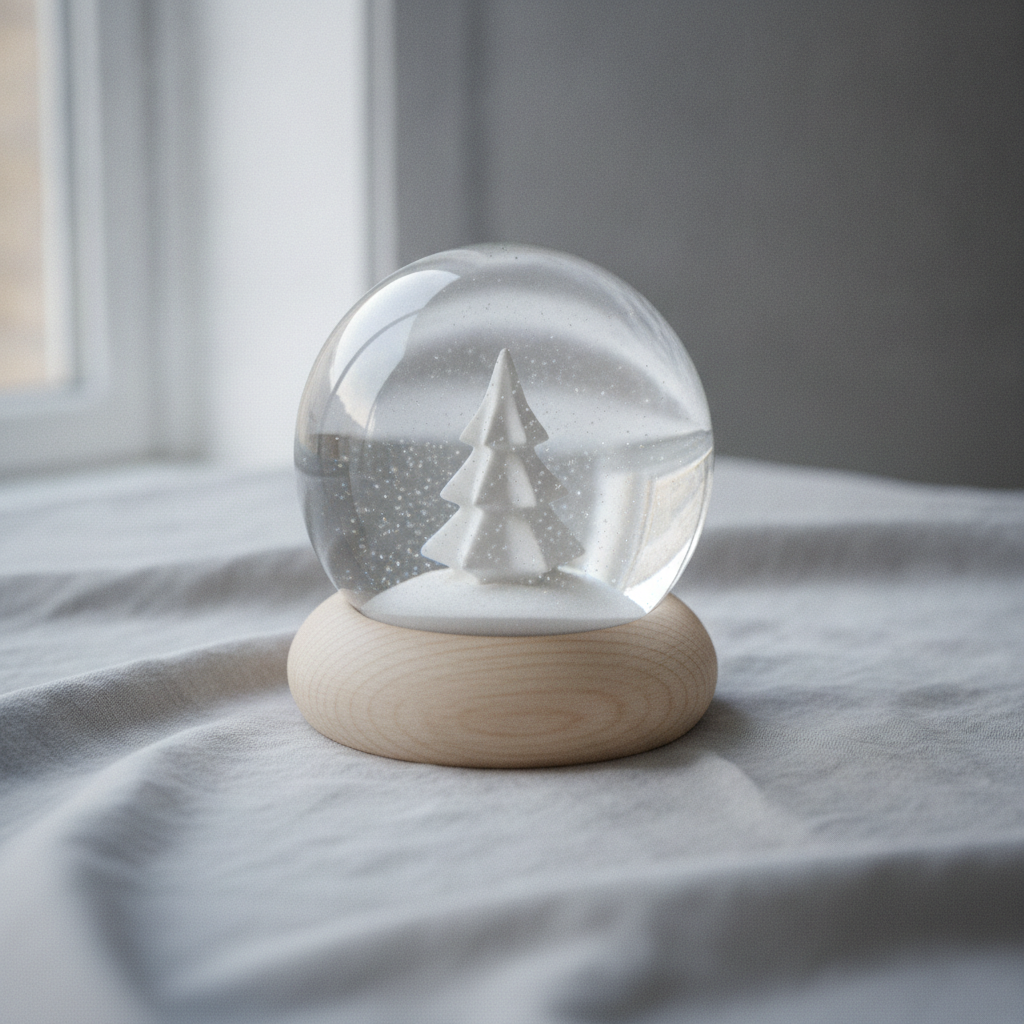 Minimal Scandinavian snow globe with a single white ceramic fir tree on a pale birch base, resting on grey linen