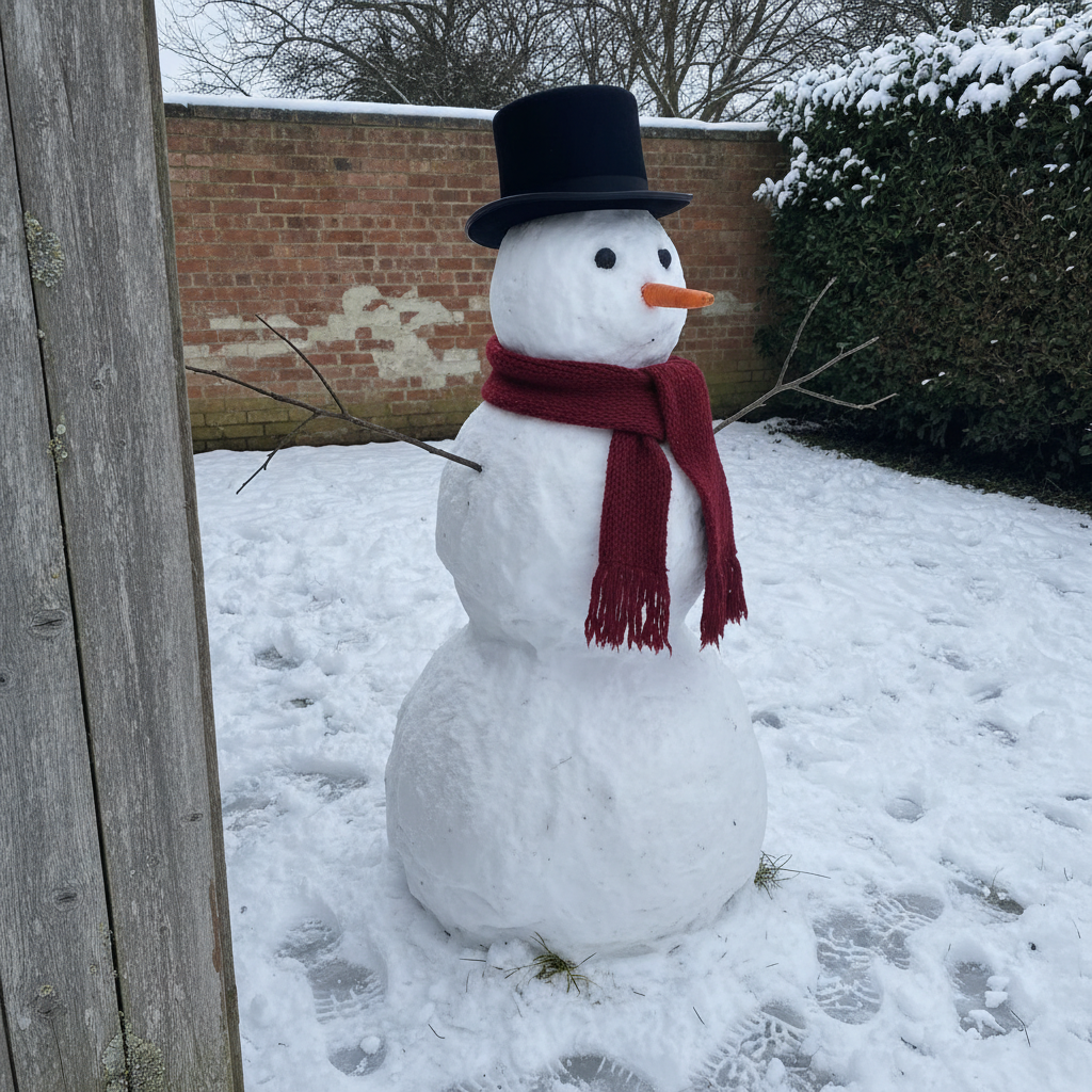 Classic three-ball snowman with coal eyes, a carrot nose, twig arms, a black top hat and a dark red knitted scarf in a snowy garden