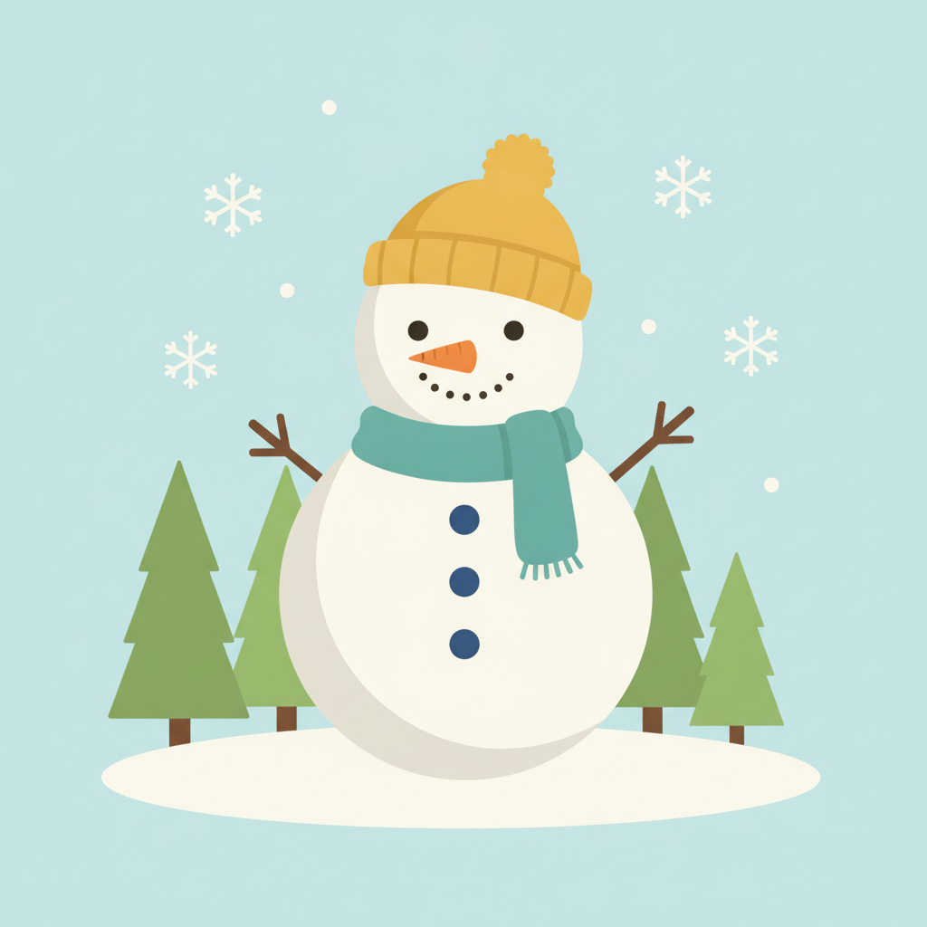 Cute flat cartoon snowman with a mustard pom-pom beanie and teal scarf on a pale blue background with stylised fir trees