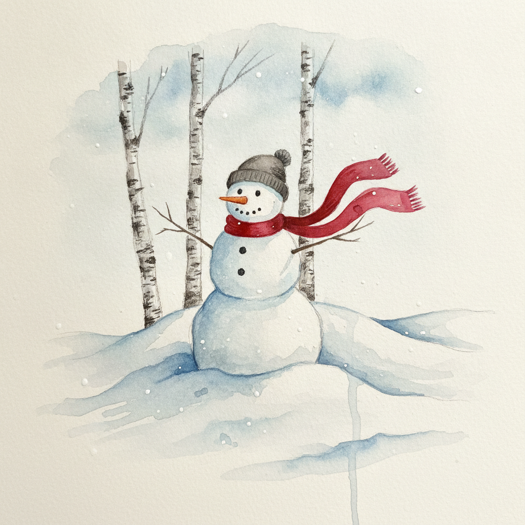 Loose watercolour snowman standing in deep snow among bare birch trunks, painted on cold-pressed paper