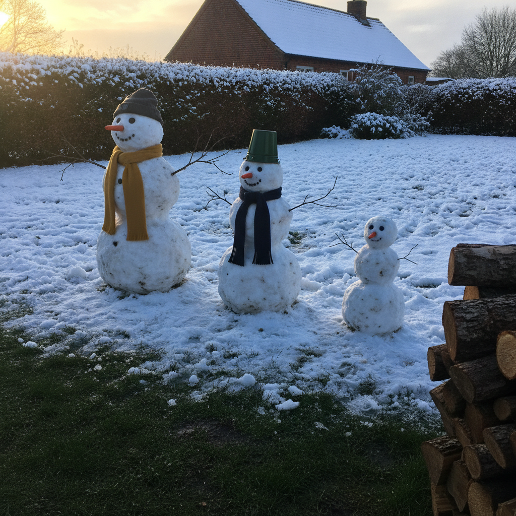 A snowman family of three graded by height in low winter sun, with long blue shadows and footprints in the snow