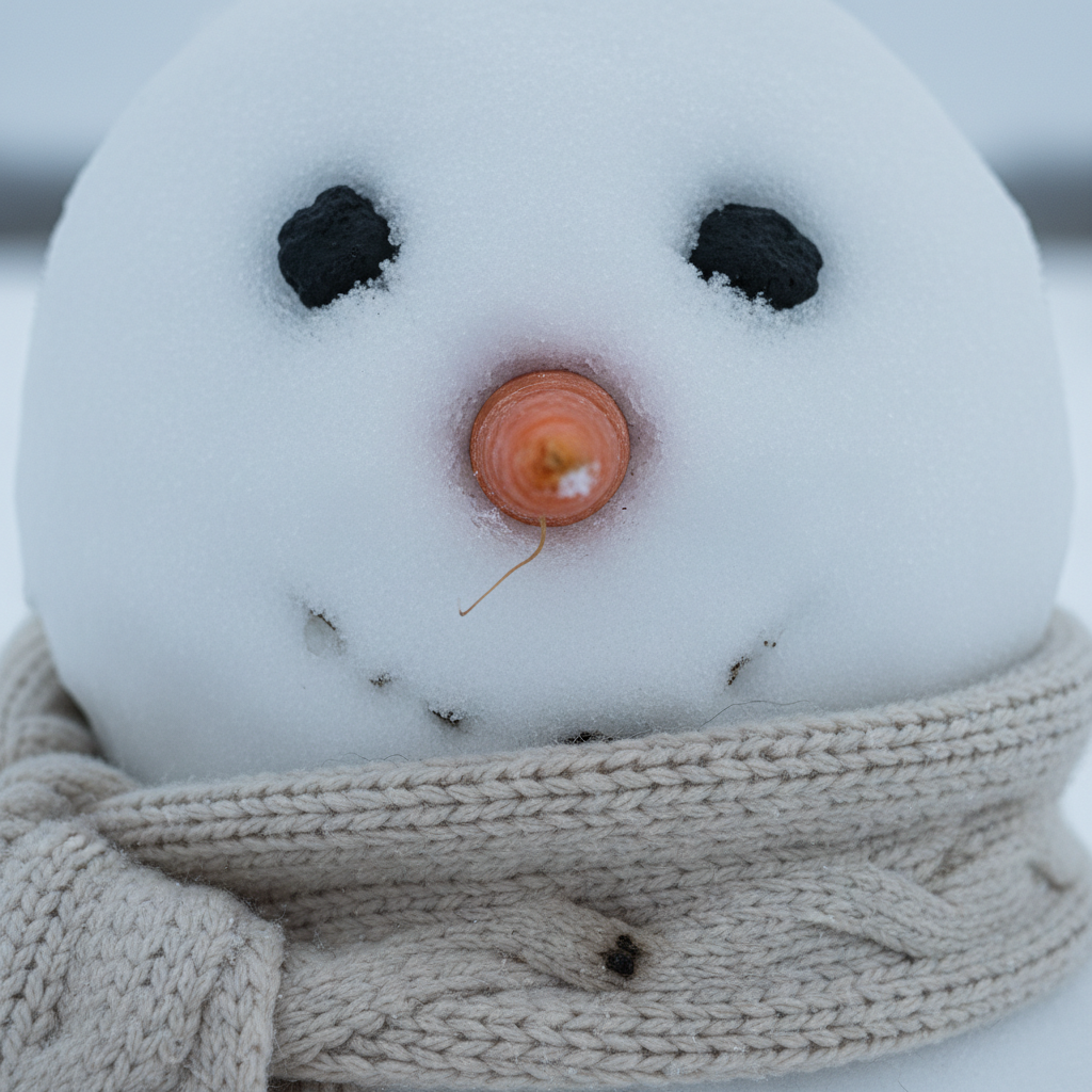 Macro close-up of a snowman face showing coal eyes, a wrinkled carrot nose and the cable stitches of an oatmeal scarf