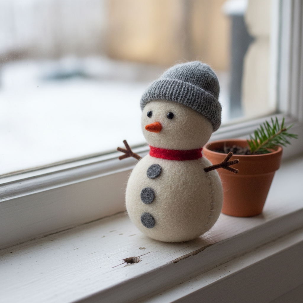 Handmade felt snowman ornament with seed-bead eyes and a tiny knitted hat standing on a painted windowsill