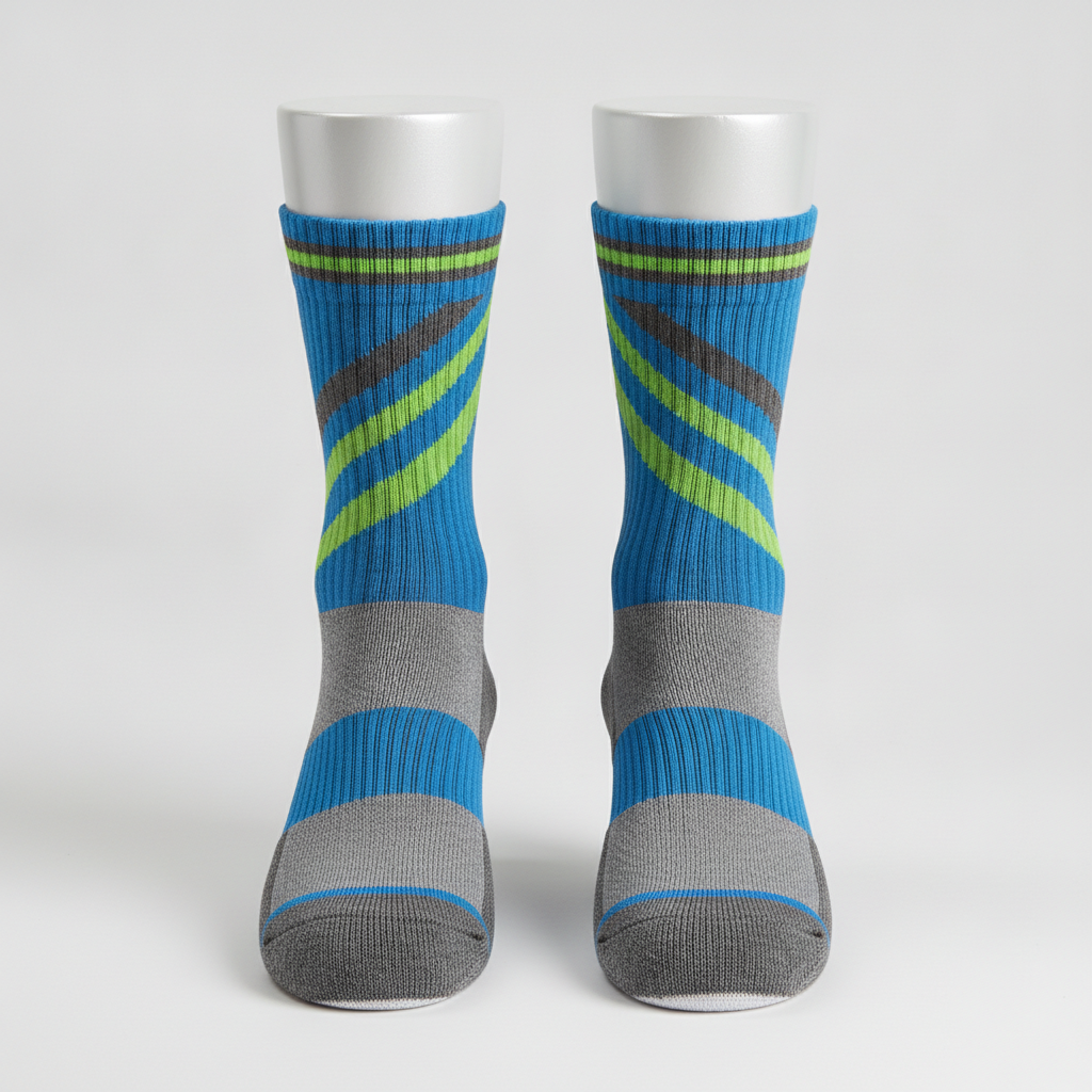 AI sock design generator result: athletic performance crew socks with diagonal electric blue, lime and charcoal speed stripes, a grey blocked heel and toe and a striped ribbed cuff, shown on sock display forms