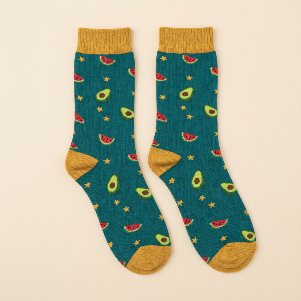 Novelty sock design made with AI: a flat lay pair of crew socks in deep teal covered in a small repeating print of avocado halves, watermelon slices and gold stars, with a mustard cuff, heel and toe