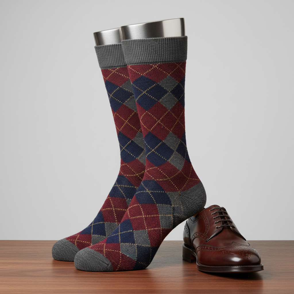 Argyle dress sock design from the AI sock design generator: fine gauge mid calf socks in burgundy, navy and charcoal with thin gold overstitch lines, displayed beside a brown leather brogue on a walnut surface