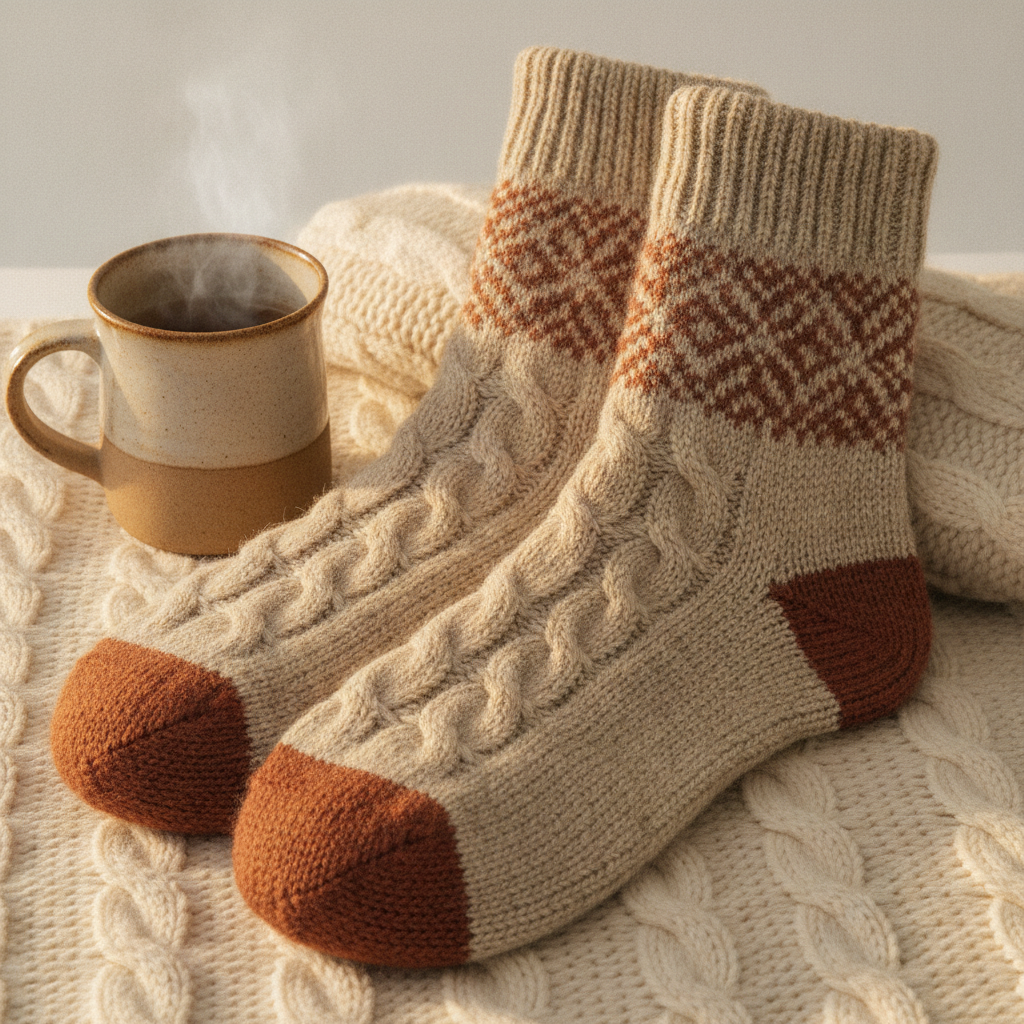 Cosy knit sock design made with AI: thick cream cable knit cabin socks with a rust Nordic snowflake yoke and contrast rust heel and toe, folded on a chunky knitted blanket beside a mug