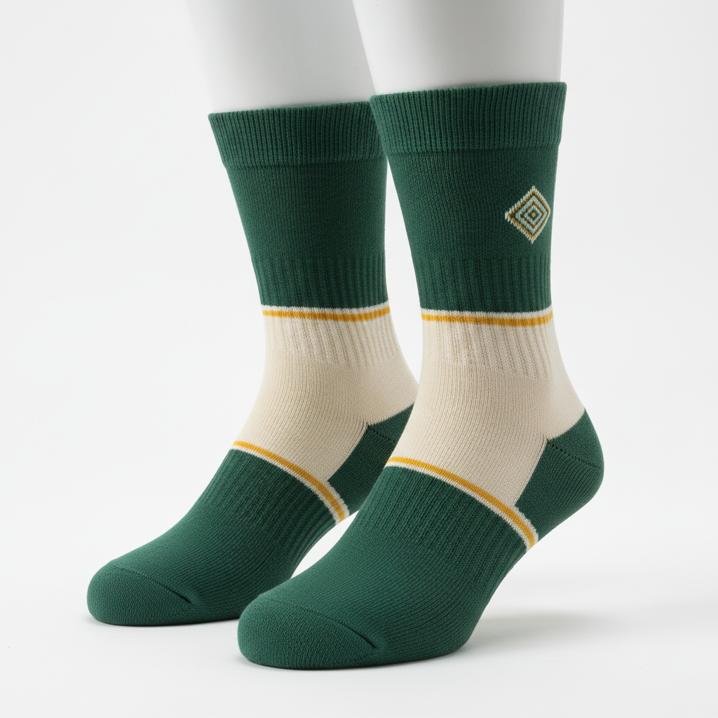 Custom team sock design from the AI sock design generator: colour blocked crew socks in forest green and cream with a thin gold pinstripe and a small abstract diamond crest knitted at the outer ankle