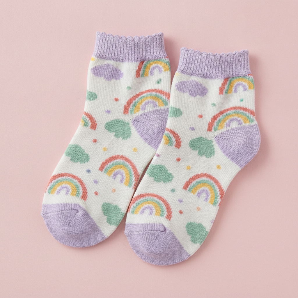 Kids sock design made with AI: a flat lay pair of small ankle socks with pastel rainbows, mint clouds and scattered dots on a white ground, finished with a lilac scalloped picot cuff