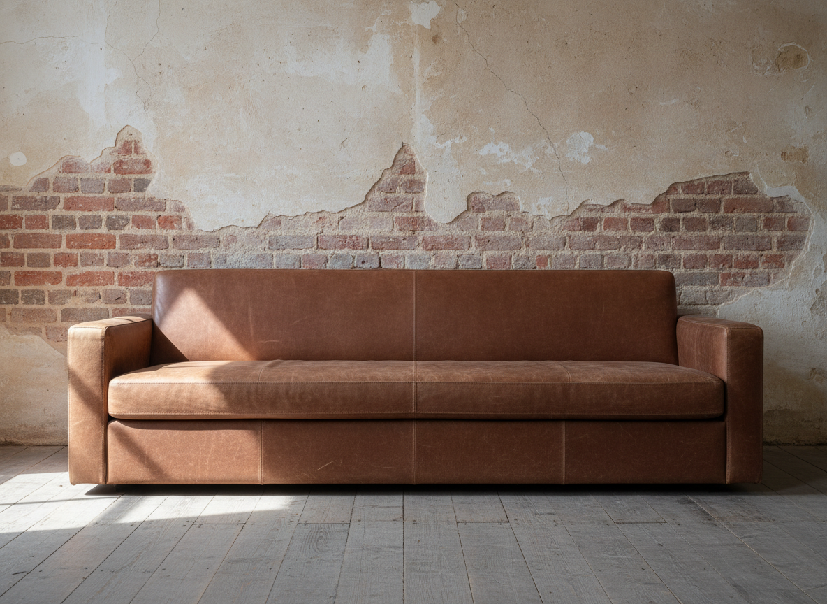 AI sofa design generator result: a long low mid-brown leather sofa with one unbroken bench cushion against lime plaster crumbled back to brick