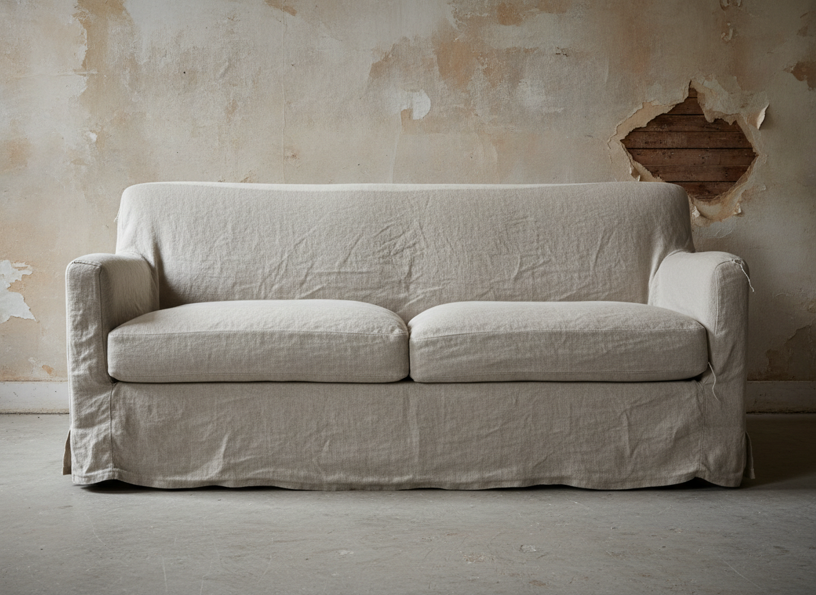 AI sofa design generator result: a loose oatmeal linen slipcovered sofa with two seat cushions and a skirt to the floor against a stripped wall