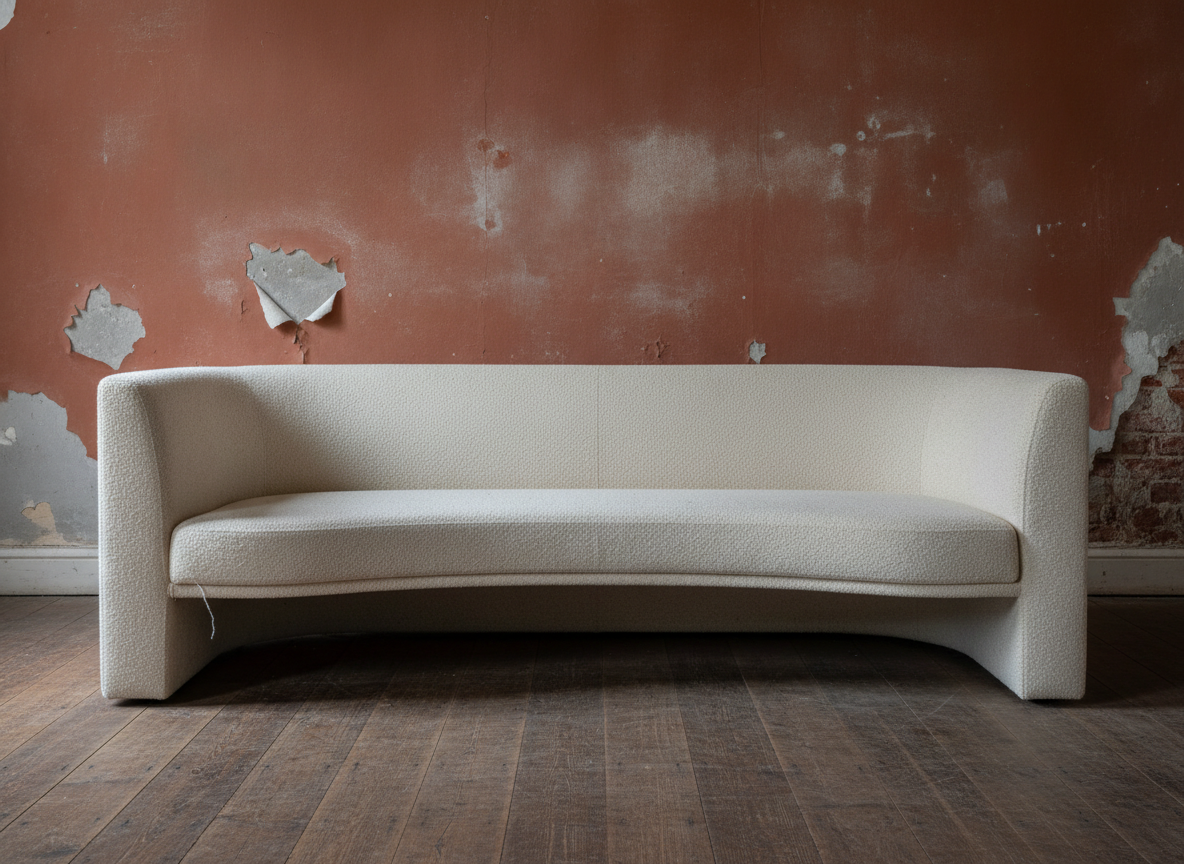 AI sofa design generator result: a curved cream boucle sofa whose back is one continuous band, against a blistered terracotta wall