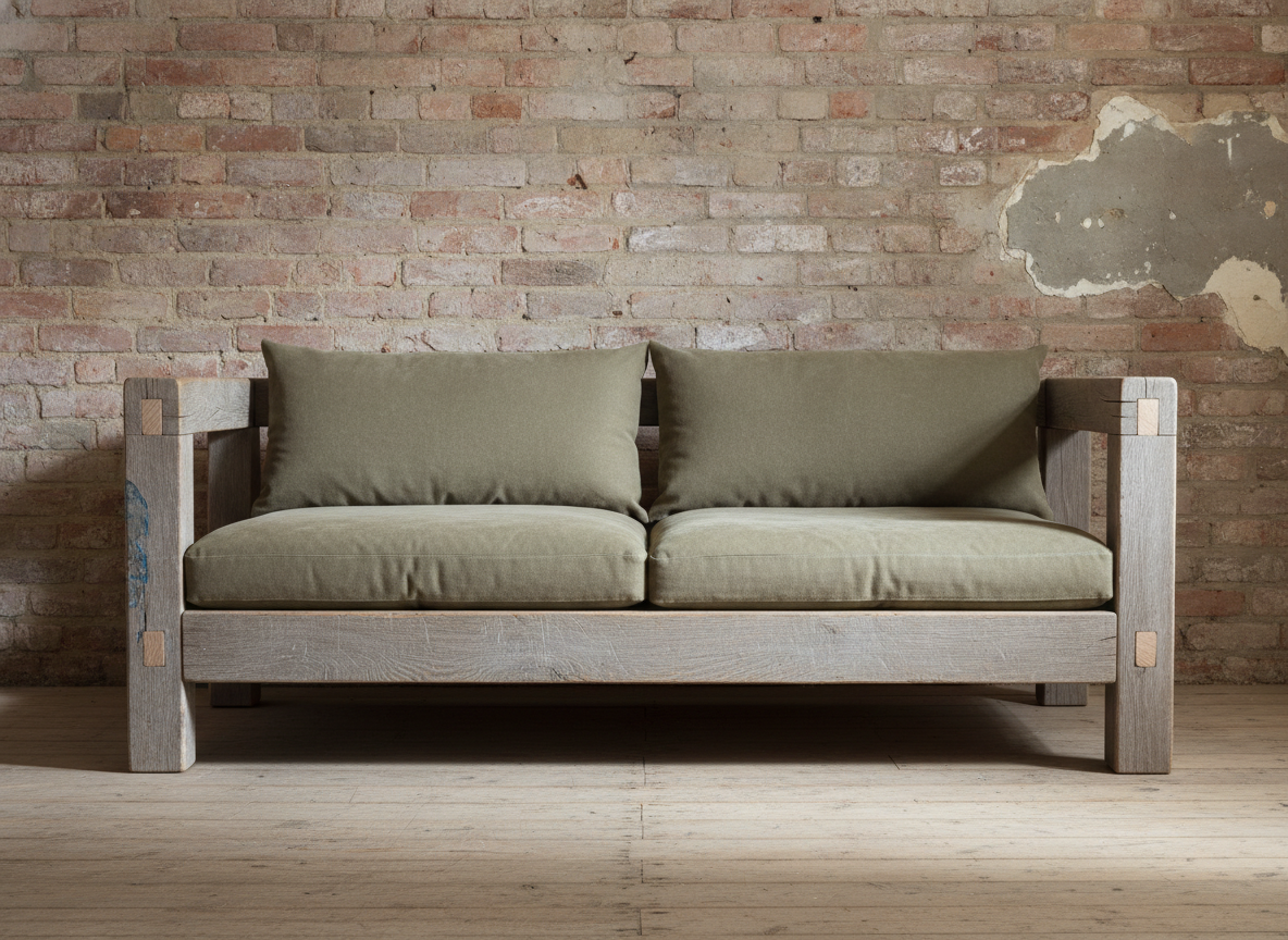 AI sofa design generator result: a reclaimed oak frame sofa with pegs driven right through and olive canvas cushions against crumbling brick