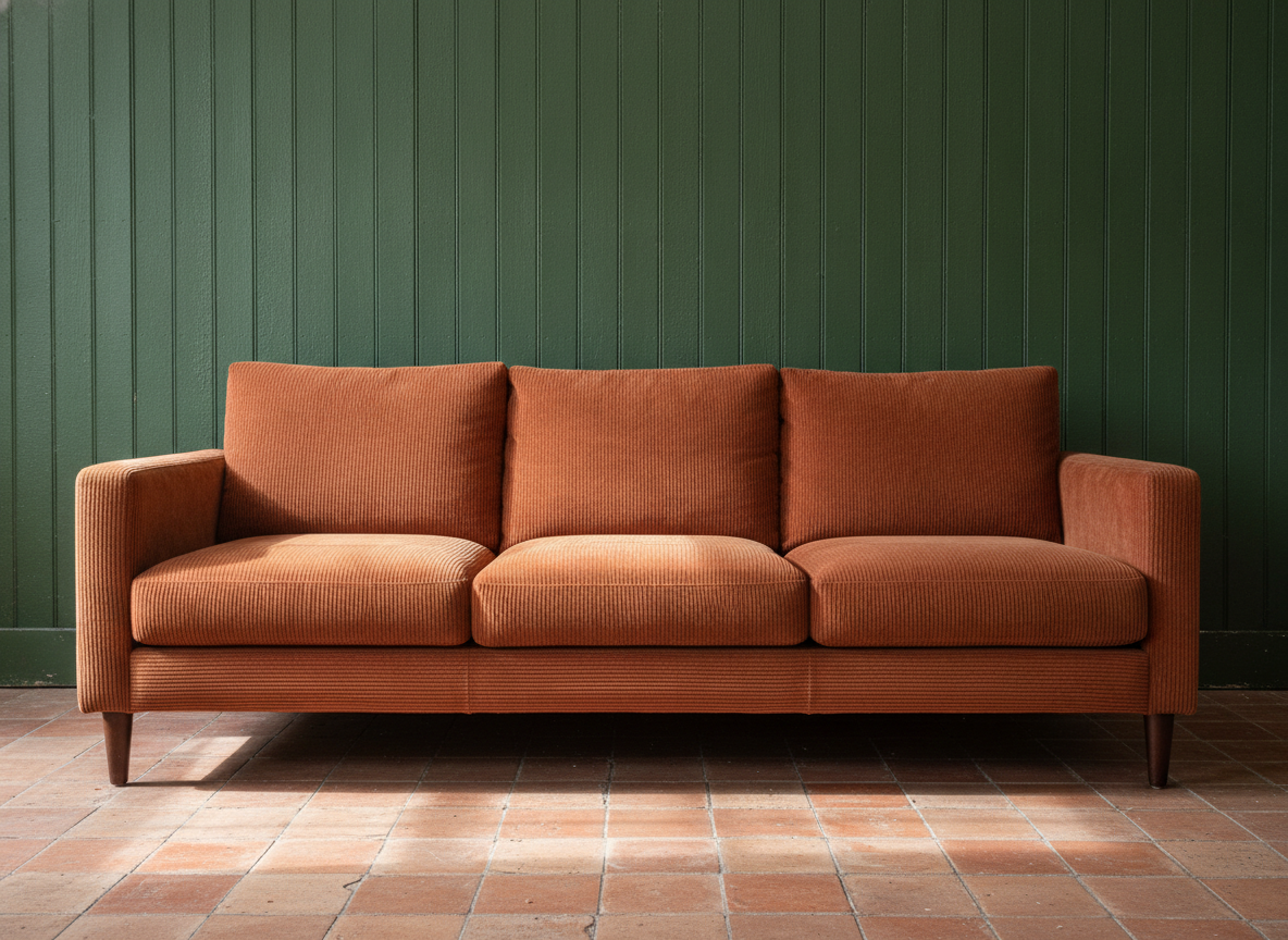 AI sofa design generator result: a rust ribbed corduroy sofa with three seat cushions on tapered beech legs against bottle green boarding