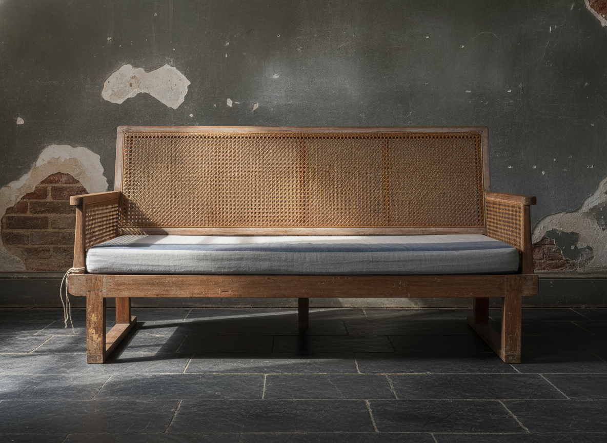 AI sofa design generator result: a cane and teak sofa on two sled runners with a faded indigo mattress cushion against a blistered grey-green wall