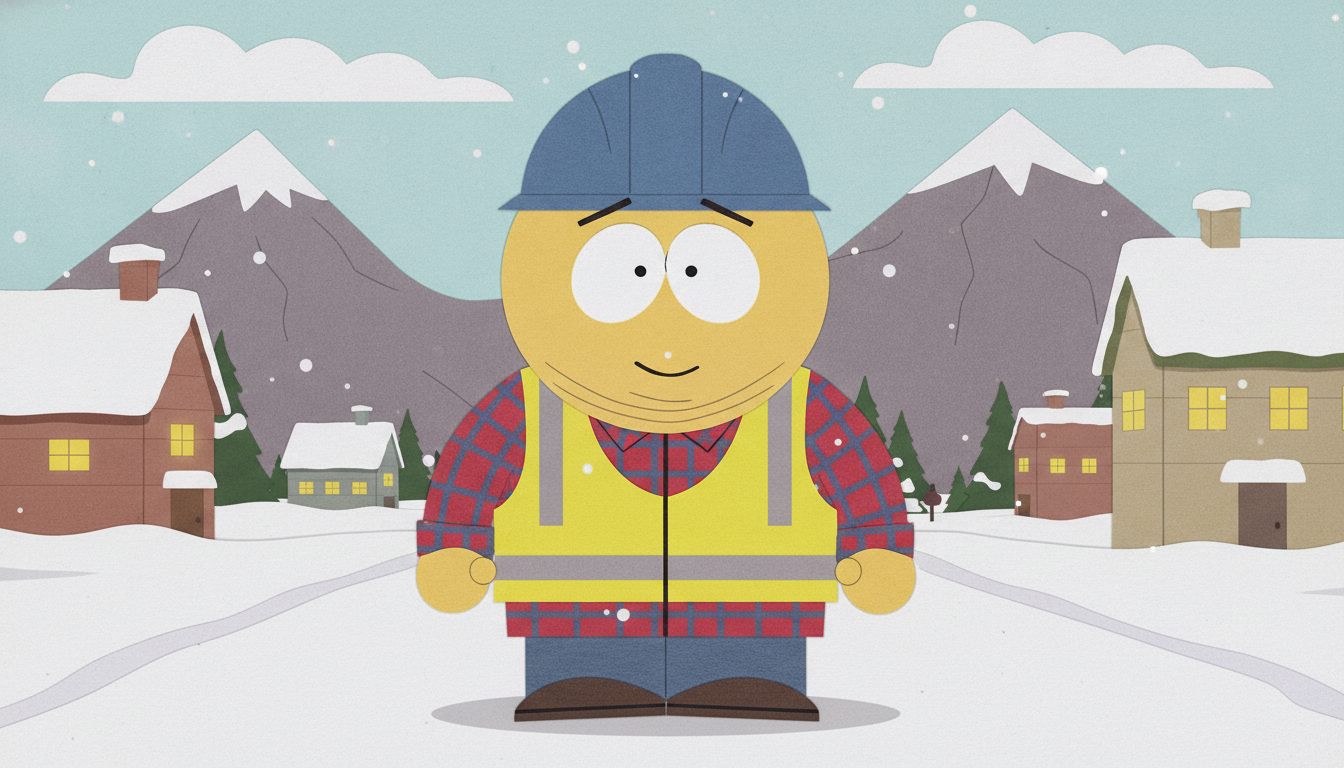 AI South Park character generator result showing a cheerful man turned into a construction-paper cutout cartoon character on a snowy mountain-town street