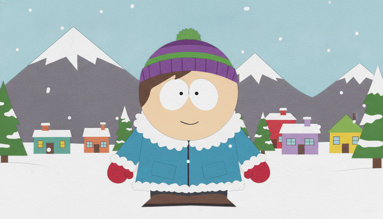 AI South Park character generator result showing a smiling woman as a cutout cartoon character in a winter coat against a snowy Colorado town