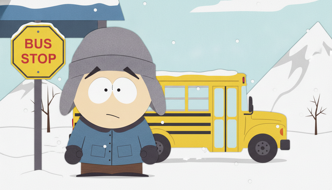AI South Park character generator result showing a young man in a beanie hat as a cutout cartoon character at a snowy bus stop