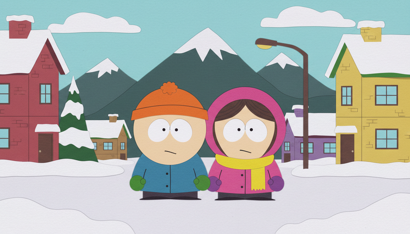 AI South Park character generator result showing a couple as two cutout cartoon characters standing together on a snowy town street