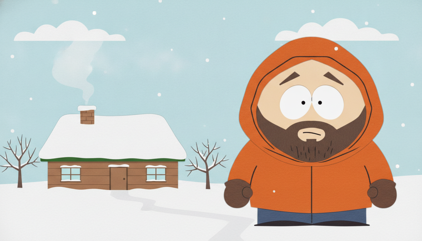 AI South Park character generator result showing a bearded man as a cutout cartoon character in front of a cartoon house in the snow