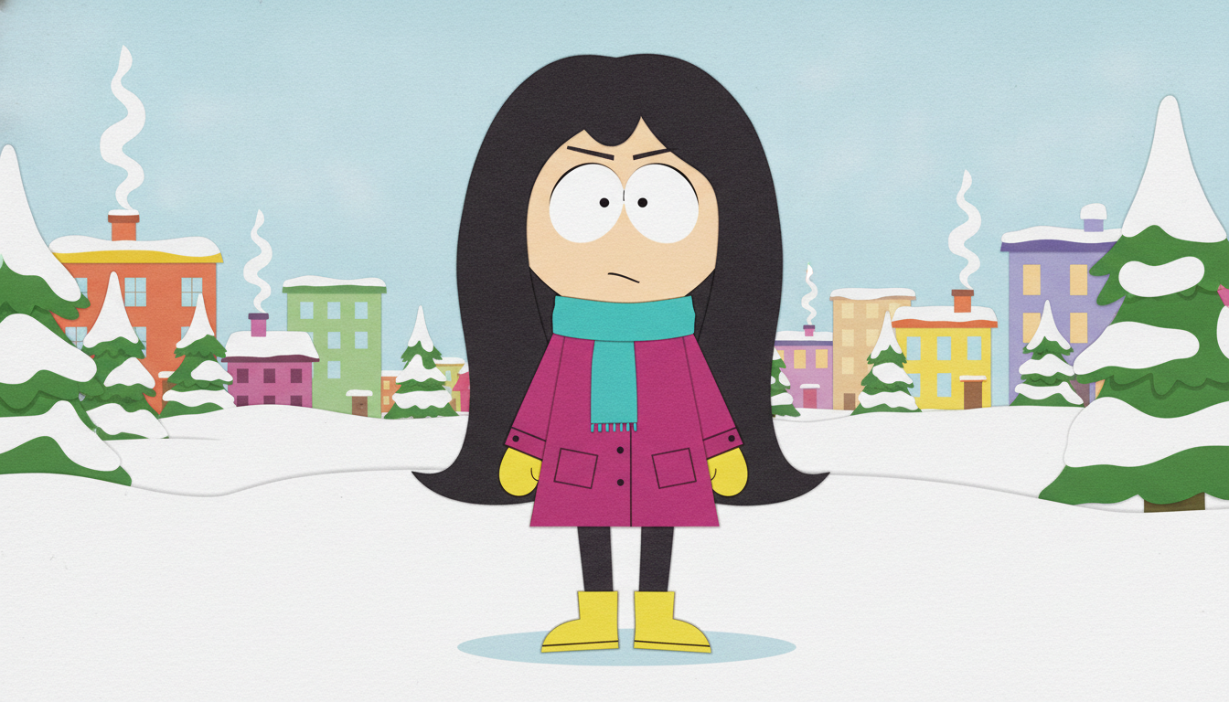 AI South Park character generator result showing a stylish woman with long hair as a cutout cartoon character in a snowy town with pine trees