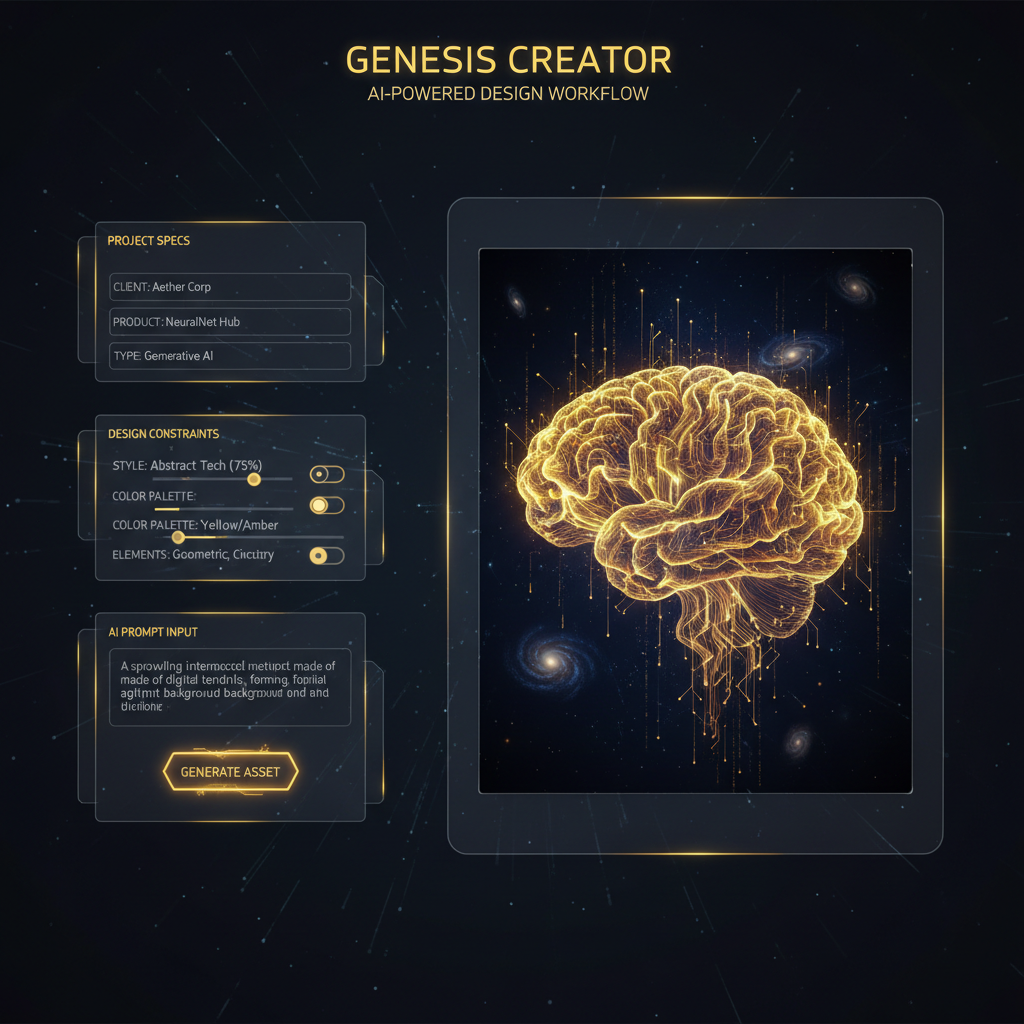 AI spec-driven creation — a structured design specification workflow turning defined parameters into a precise generated hero image, dark theme with yellow accents, made with the AI spec-driven creation tool